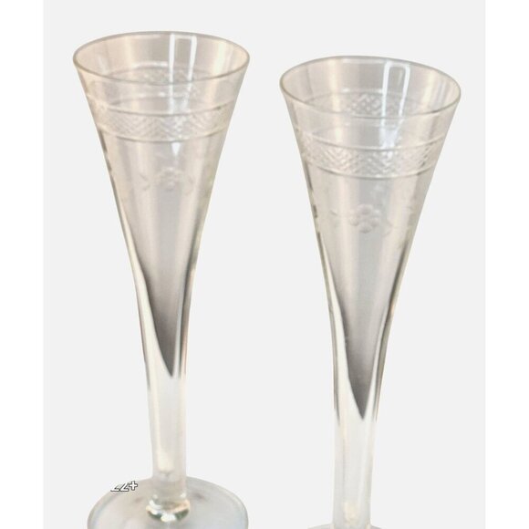 Vintage Crystal Etched Champagne Flutes Set Of 2 With Floral & Diamond Cut Desig - Picture 9 of 9